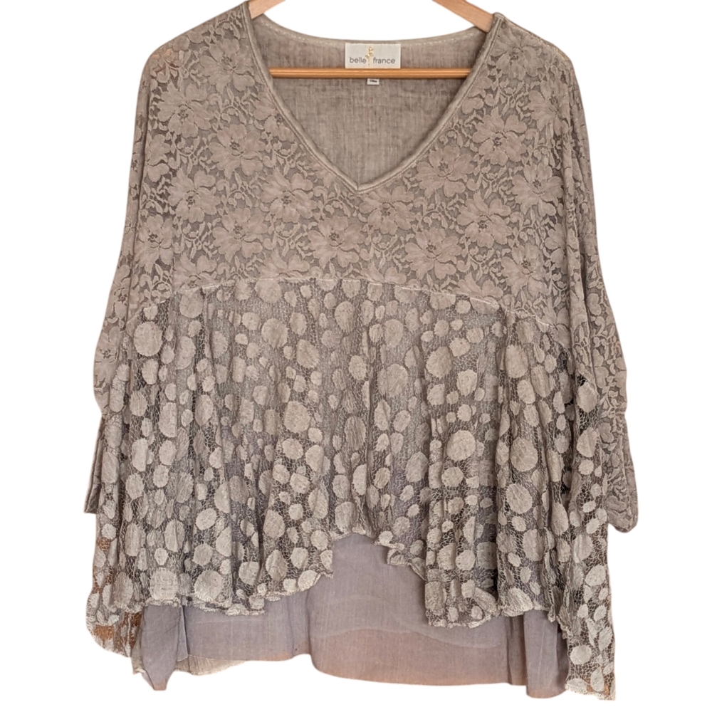 Bella France Lace-Overlay V-Neck Top L Flowy Bohemian Fairy Polka Dot Floral